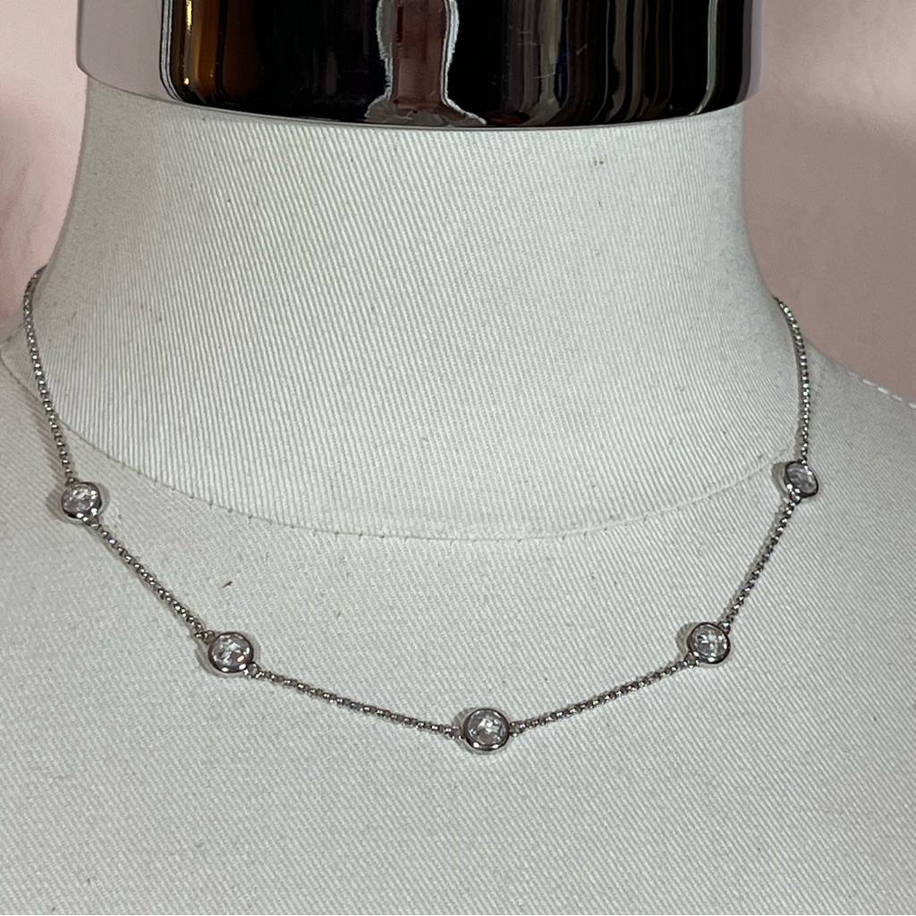 Sterling Silver Art Deco Classic Bezel Set Cz Station Choker Necklace